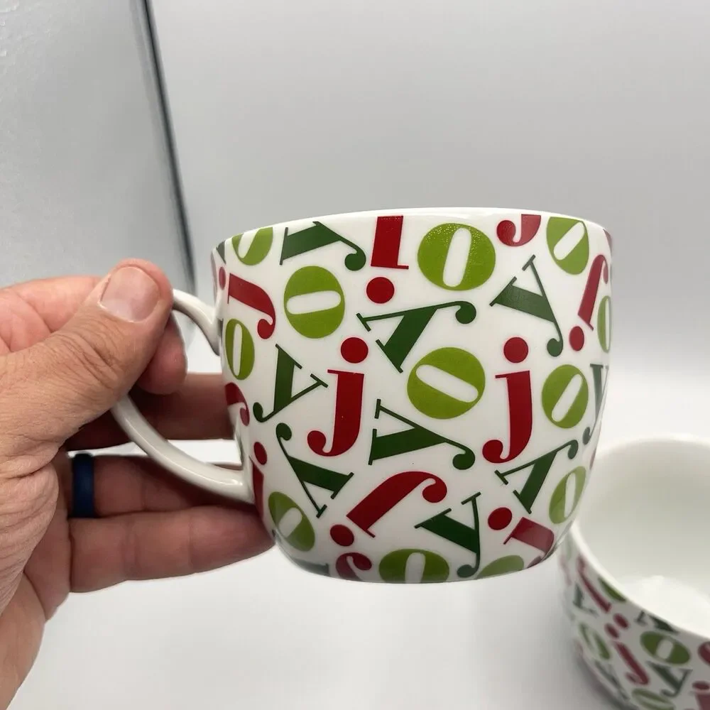 Pair Vintage Crate & Barrel 16oz JOY Mugs Holiday Christmas Red/Green Porcelain